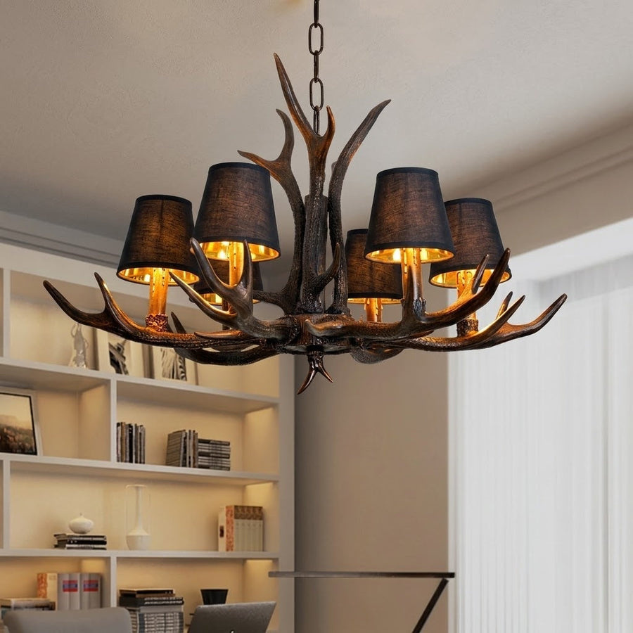 Rustic Antler Black Shade Ceiling Chandelier - Image 0