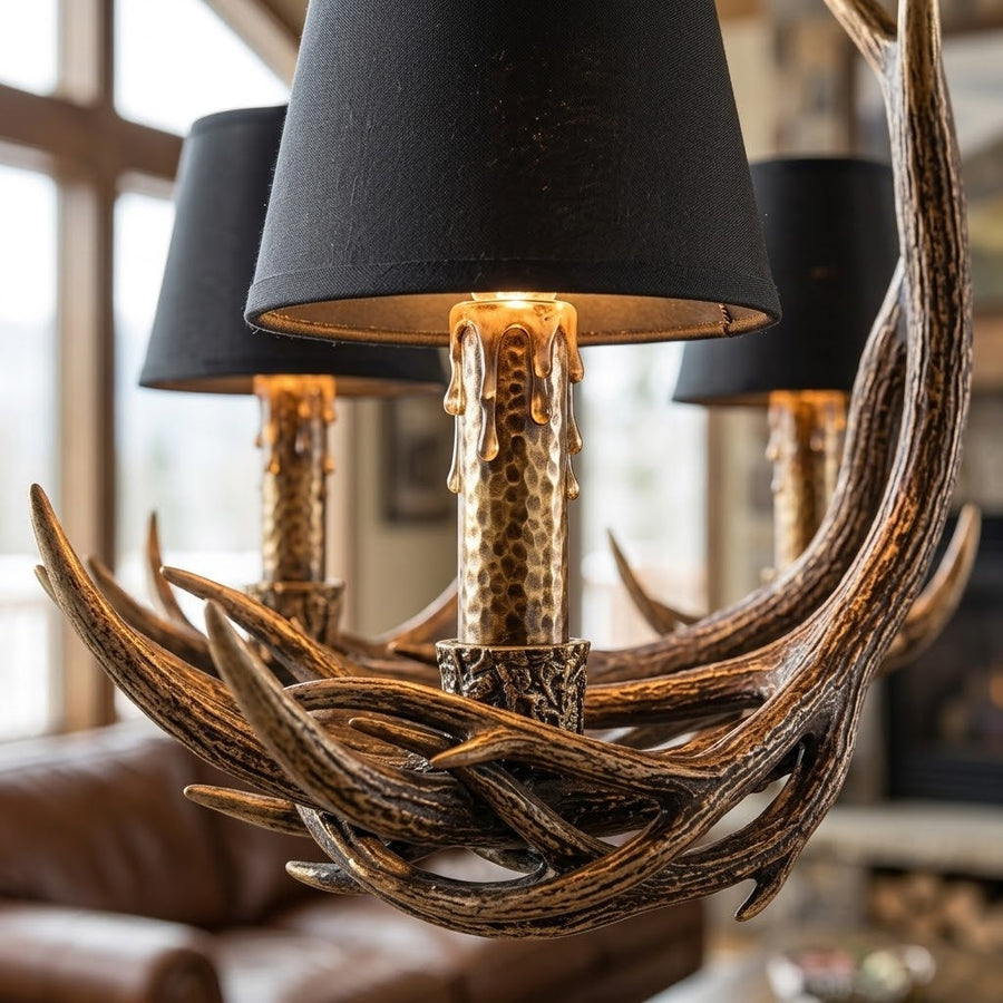 Rustic Antler Black Shade Ceiling Chandelier - Image 3