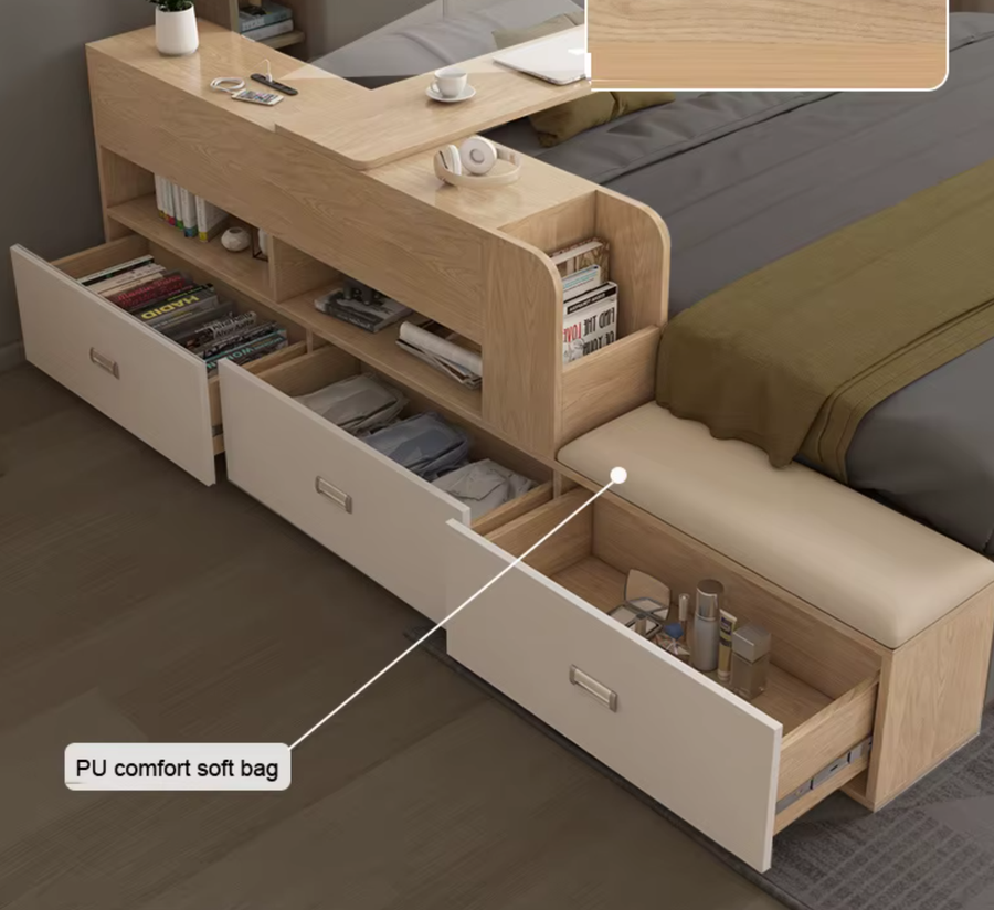 Hidden Compartment Lift-Up Storage Bookshelf Platform Bed - Image 7