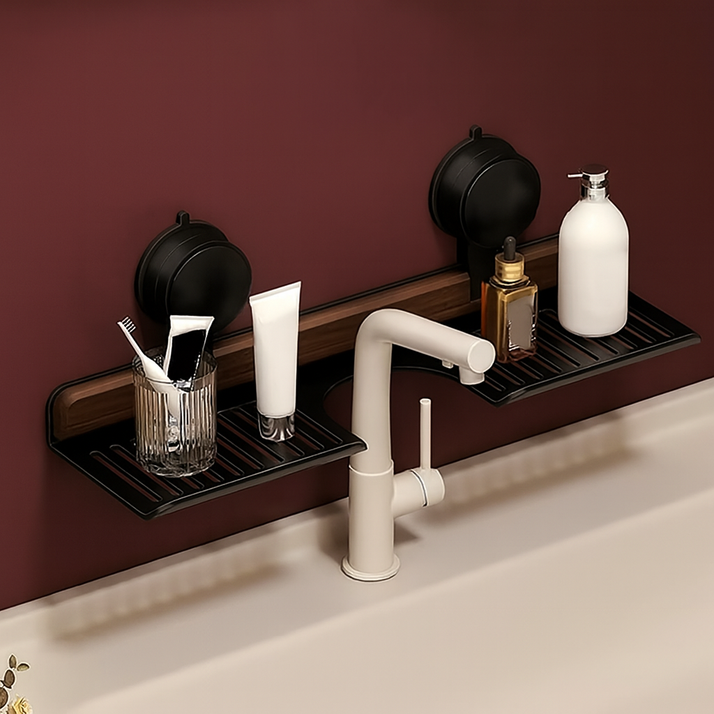 Over Sink Suction Cup Walnut Bathroom Rack - Image 0