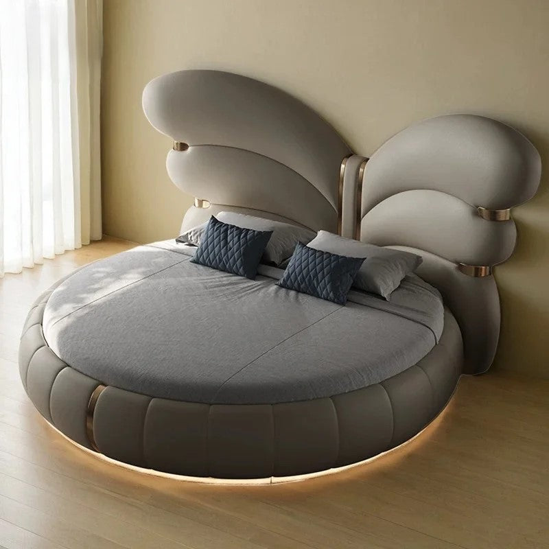 Elegant Butterfly Wing Headboard Leather Round Bed - Image 3
