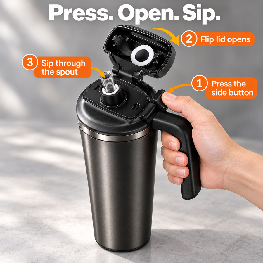 Press, open and sip instructions pointing to the side button, flip lid and drinking spout