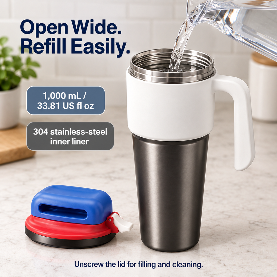 Wide-mouth filling demonstration with 1000 mL capacity and 304 stainless-steel inner liner