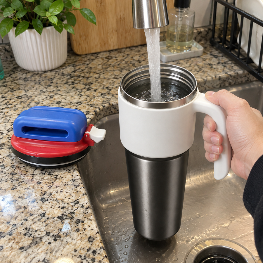 White one-touch bottle being refilled through its wide opening with the lid removed