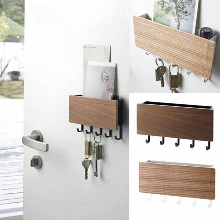 Modern Wood Wall Organizer with Hooks - Image 1