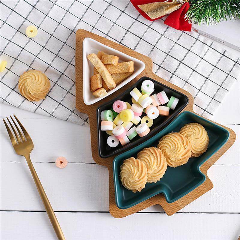 Christmas Tree Ceramic Plates With Bamboo Base Stand