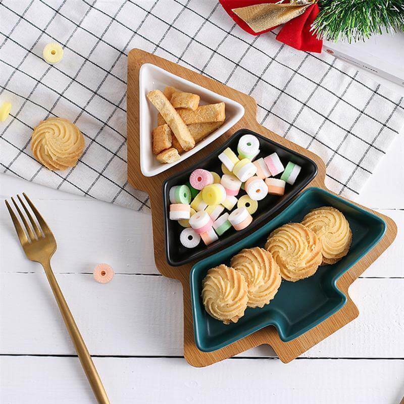 Christmas Tree Ceramic Plates With Bamboo Base Stand - Image 0