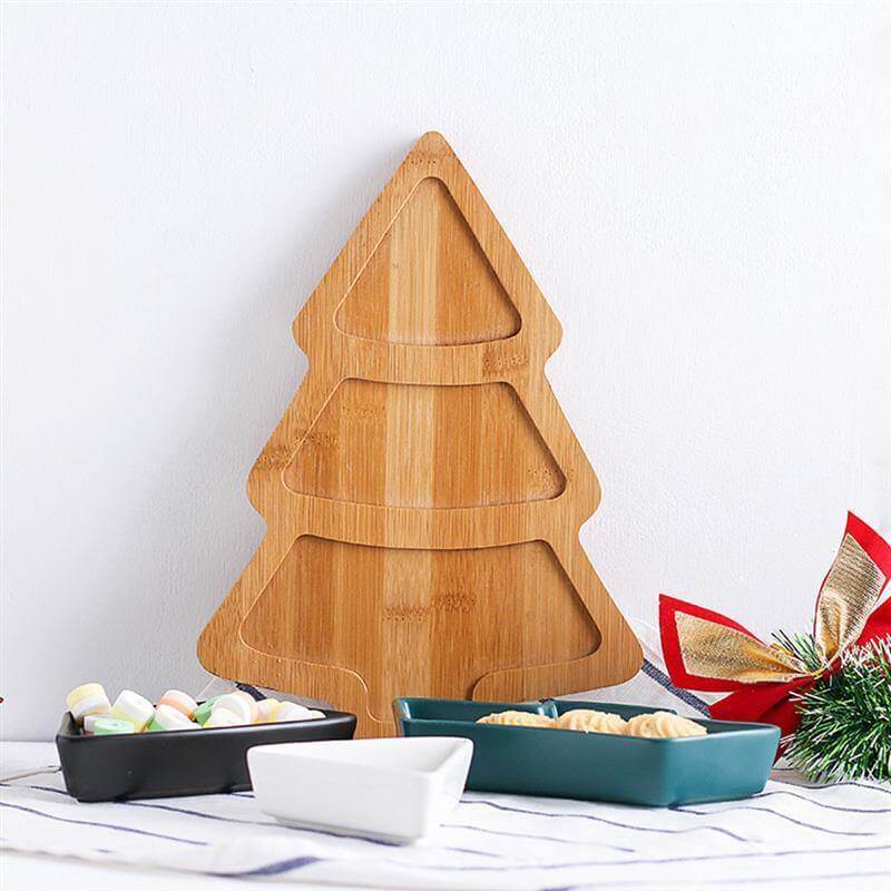 Christmas Tree Ceramic Plates With Bamboo Base Stand