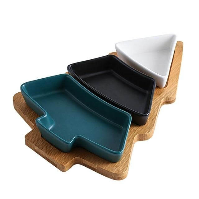 Christmas Tree Ceramic Plates With Bamboo Base Stand