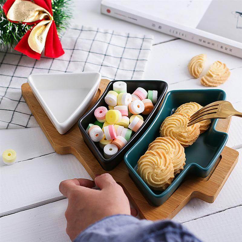 Christmas Tree Ceramic Plates With Bamboo Base Stand