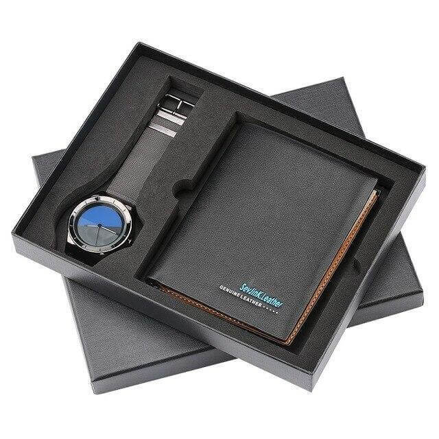 Men Watches Steel/Leather Gift Set