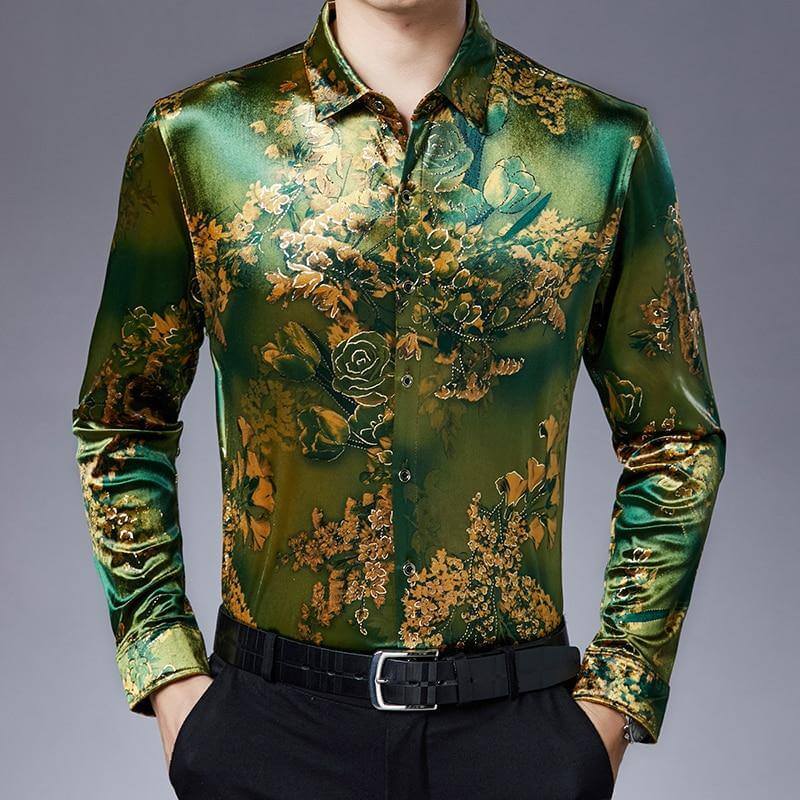 Stretch Velvet Flower Long Sleeve Men Shirt - Image 0