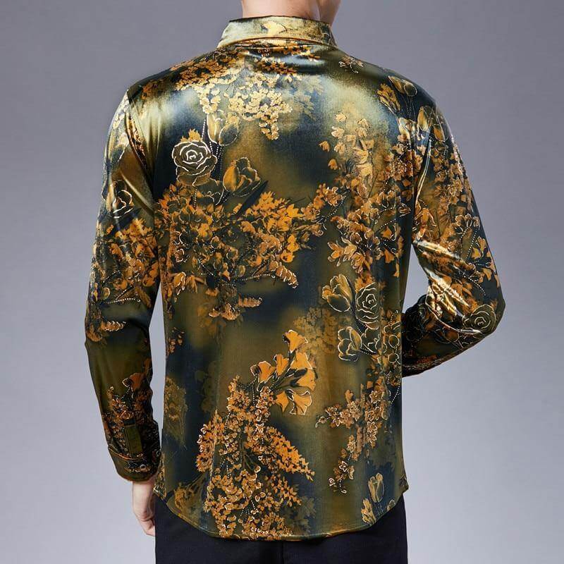 Stretch Velvet Flower Long Sleeve Men Shirt