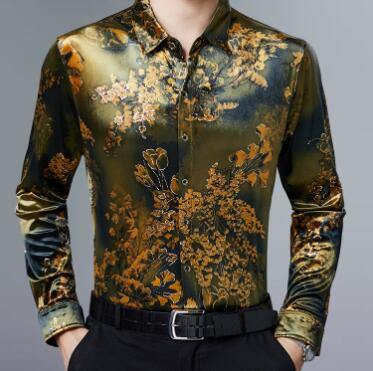 Stretch Velvet Flower Long Sleeve Men Shirt - Image 5