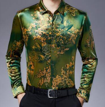 Stretch Velvet Flower Long Sleeve Men Shirt