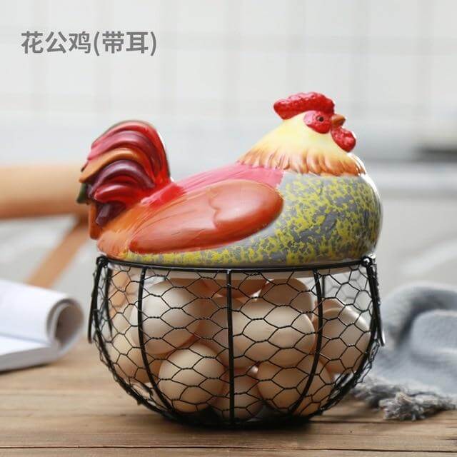 Ceramic Egg Holder Chicken with Wire Basket