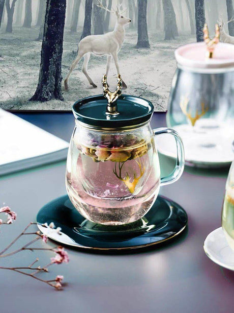 Double Wall Glass Cup With Deer Shape Ceramic Lid - Image 0