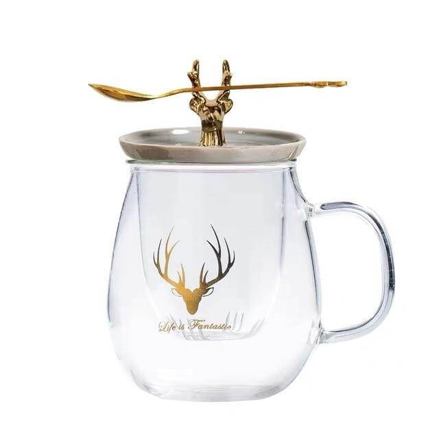 Double Wall Glass Cup With Deer Shape Ceramic Lid - Image 3
