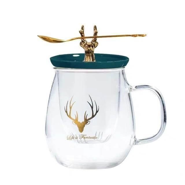 Double Wall Glass Cup With Deer Shape Ceramic Lid - MaviGadget