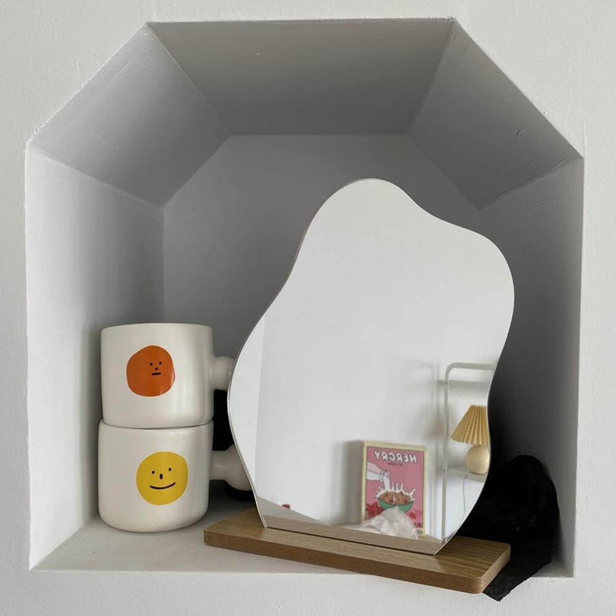 Irregular Korean Style Decorative Make-up Mirror Wooden Base - Image 0