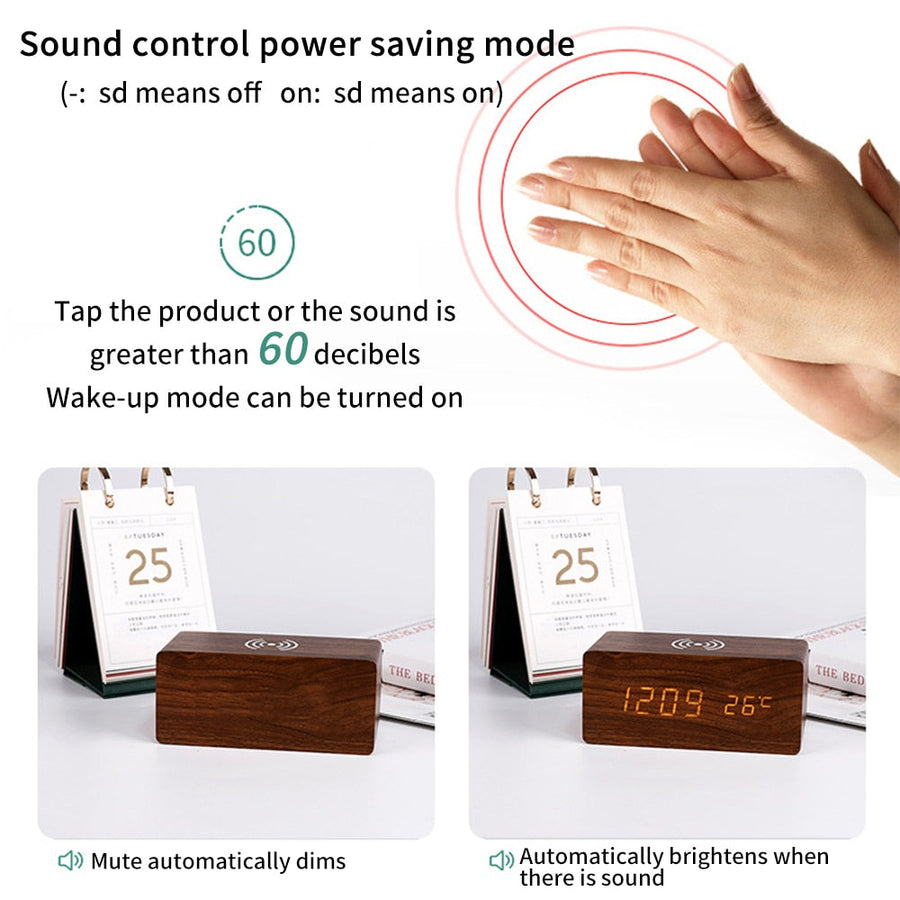 Modern Wooden Wireless Charging Alarm Clock - Image 2