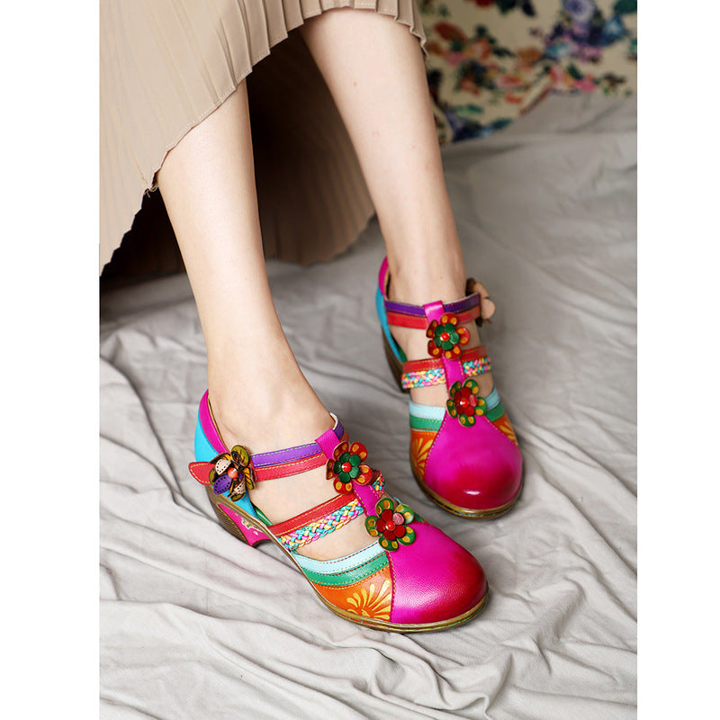 Retro Leather Flower Hollow Out Sandals - Image 2