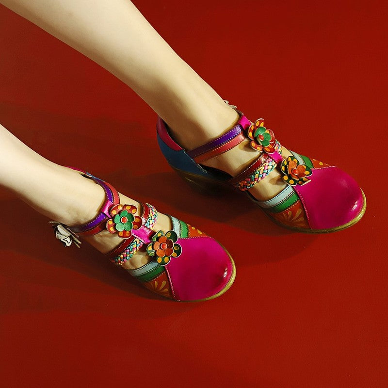 Retro Leather Flower Hollow Out Sandals - Image 5
