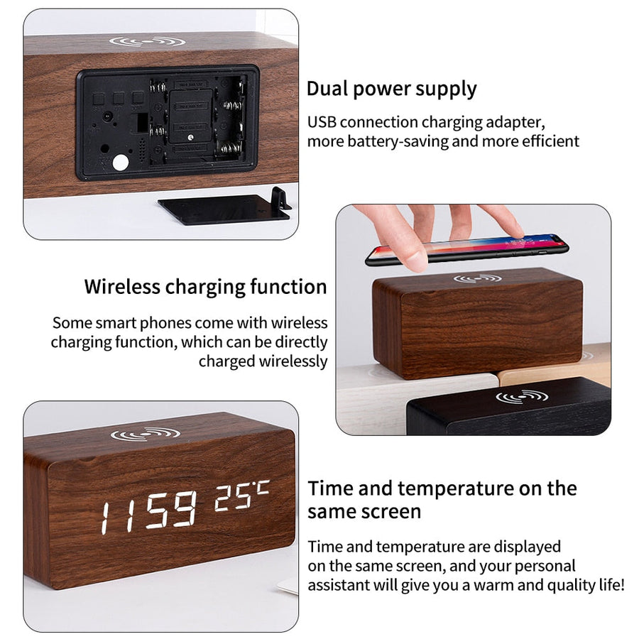 Modern Wooden Wireless Charging Alarm Clock - Image 3