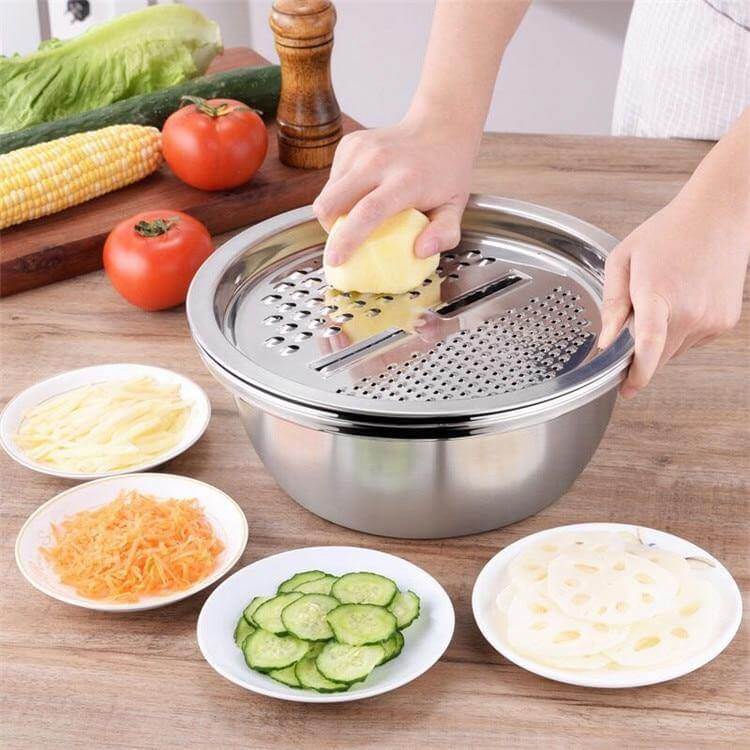 3in1 Stainless Steel Vegetable Slicer with Drain Basket - Image 0