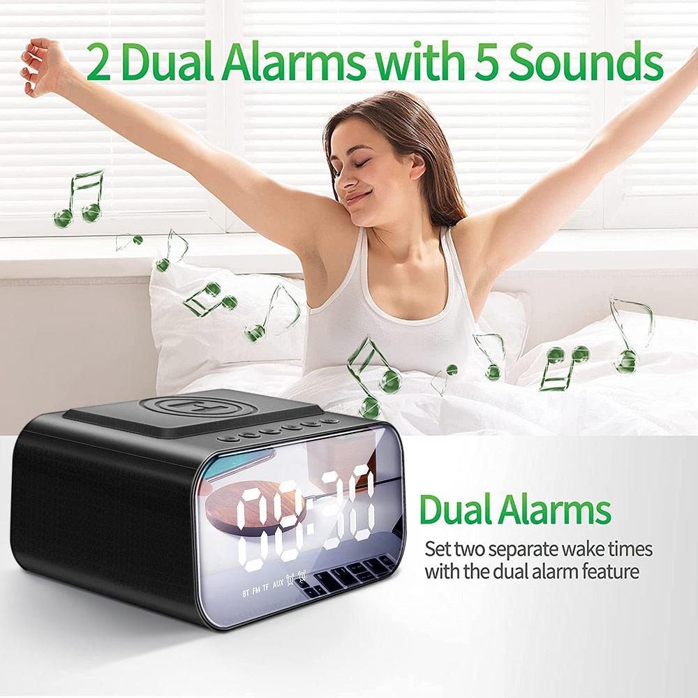 Wireless Dijital Alarm Clock Phone Charger Speaker