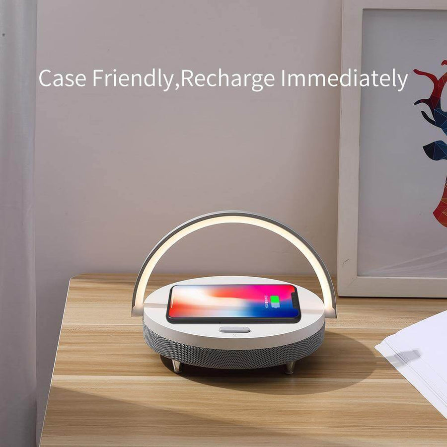 Wooden Base Wireless Charger Speaker Table Lamp - Image 0