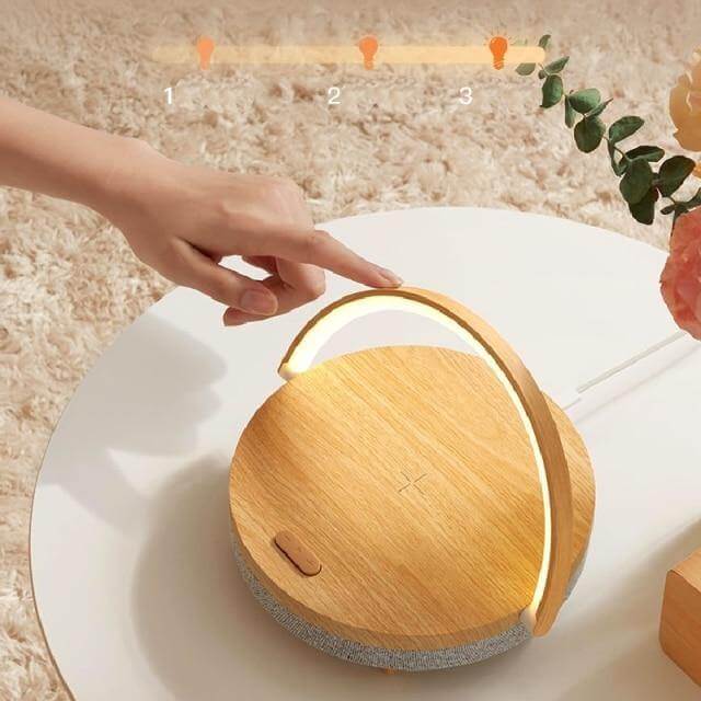 Wooden Base Wireless Charger Speaker Table Lamp - Image 1