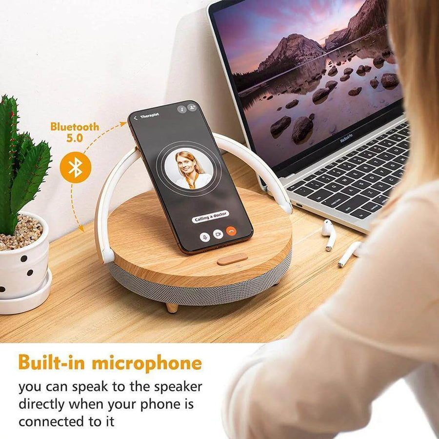Wooden Base Wireless Charger Speaker Table Lamp - Image 2