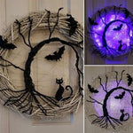 Black Bat Cat Halloween Door Wreath Led Light