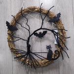 Black Bat Cat Halloween Door Wreath Led Light