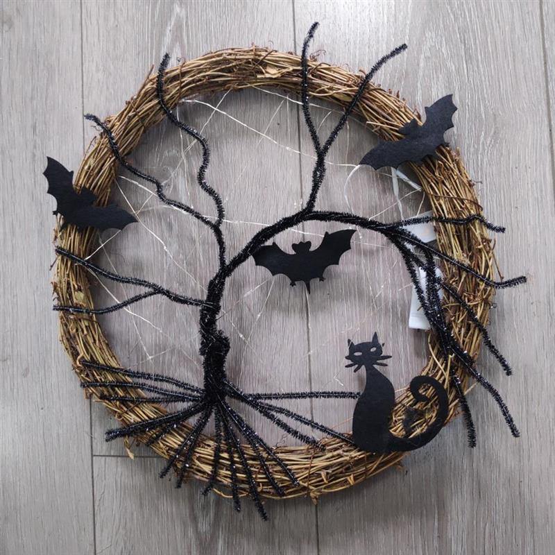 Black Bat Cat Halloween Door Wreath Led Light - MaviGadget