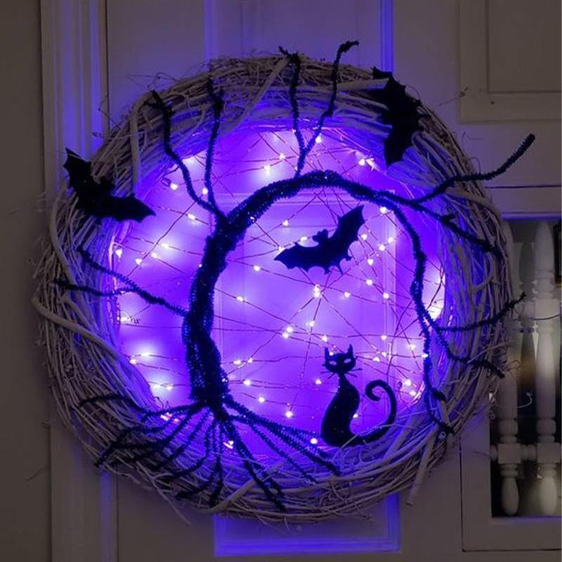 Black Bat Cat Halloween Door Wreath Led Light