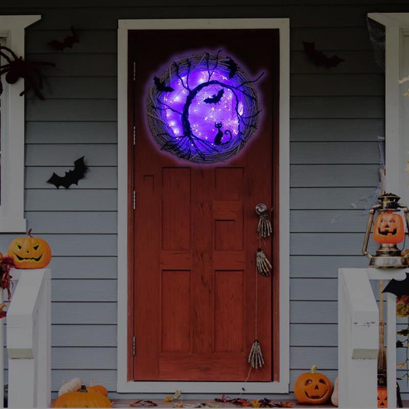 Black Bat Cat Halloween Door Wreath Led Light