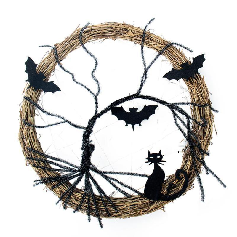 Black Bat Cat Halloween Door Wreath Led Light - MaviGadget