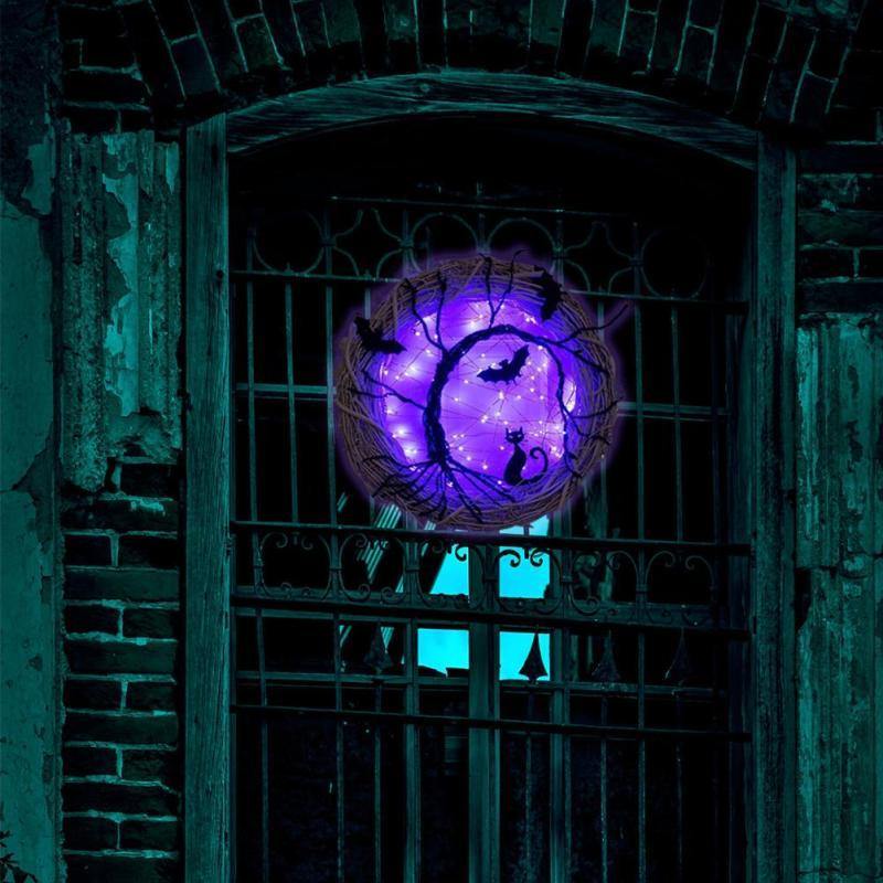 Black Bat Cat Halloween Door Wreath Led Light - Image 3