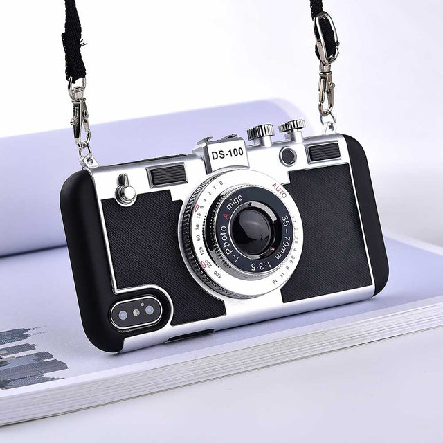 Retro Camera Silicone Iphone Cases With Long Strap Rope