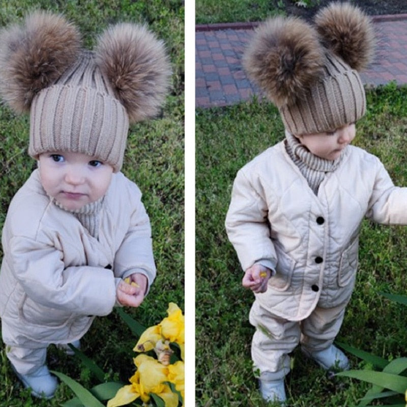 Baby Girl Hat Raccon Fur Two Ball Caps For Baby - Image 2