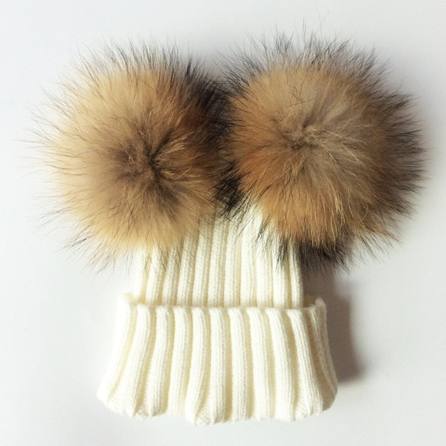 Baby Girl Hat Raccon Fur Two Ball Caps For Baby - Image 3