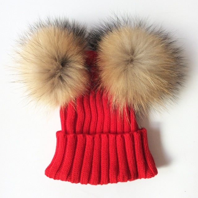 Baby Girl Hat Raccon Fur Two Ball Caps For Baby - Image 12
