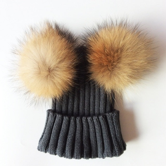 Baby Girl Hat Raccon Fur Two Ball Caps For Baby - Image 8