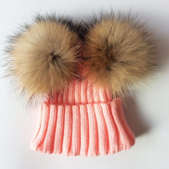 Baby Girl Hat Raccon Fur Two Ball Caps For Baby - Image 5