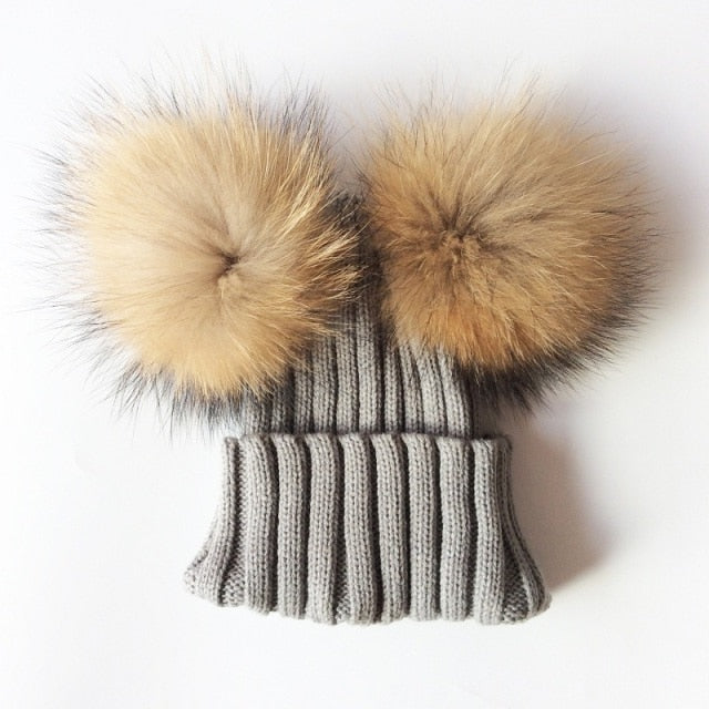 Baby Girl Hat Raccon Fur Two Ball Caps For Baby - Image 7