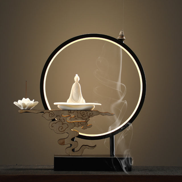 Lotus Buddha Ceramic Waterfall Incense Burner Lamp - Image 4