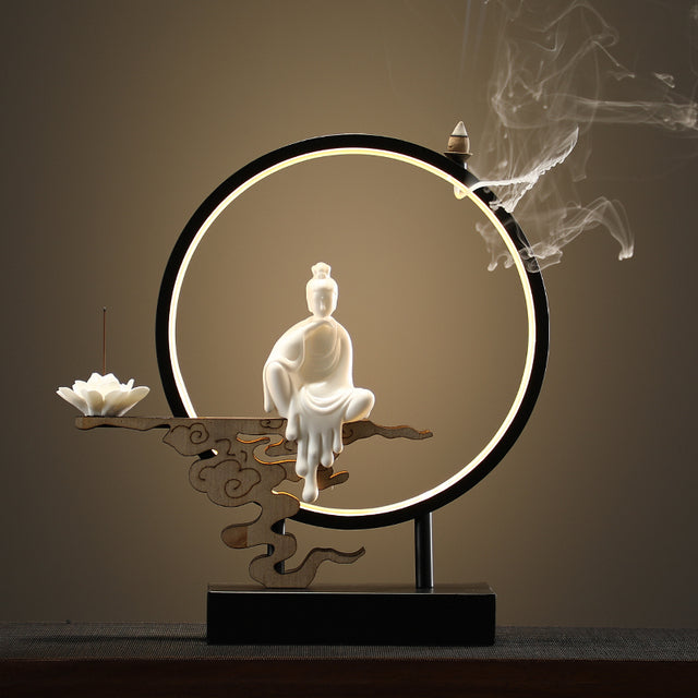 Lotus Buddha Ceramic Waterfall Incense Burner Lamp - Image 6