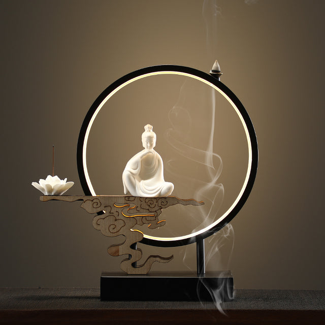 Lotus Buddha Ceramic Waterfall Incense Burner Lamp - Image 5